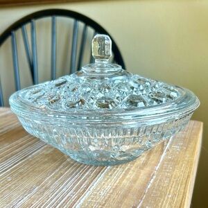 Indiana Clear Glass Candy Dish Windsor Button and Cane Pattern Pressed Glass.